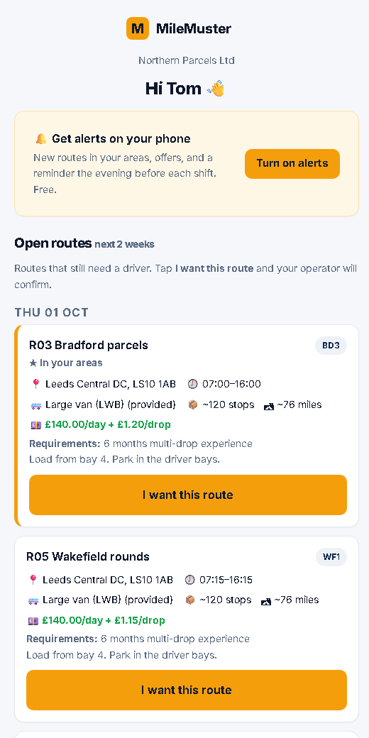 MileMuster driver page on a phone